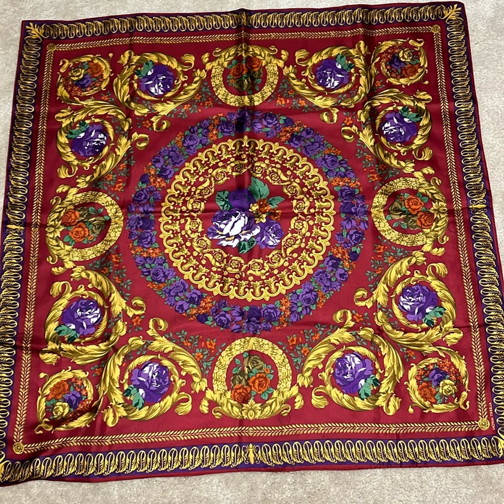Albert Nipon scarf burgundy, purple gold green inch are 35 by 35